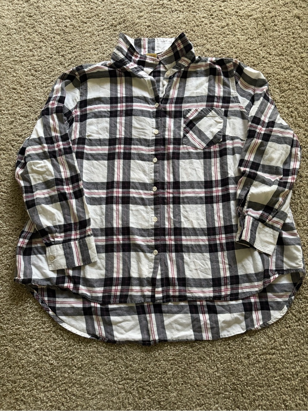 Faded Glory White Plaid Button-Down Shirt with Black and Red Accents